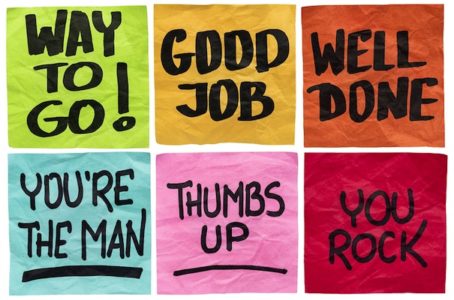 way to go, good job, well done, you're the man, thumbs up, you rock - a set of isolated sticky notes with positive affirmation words
